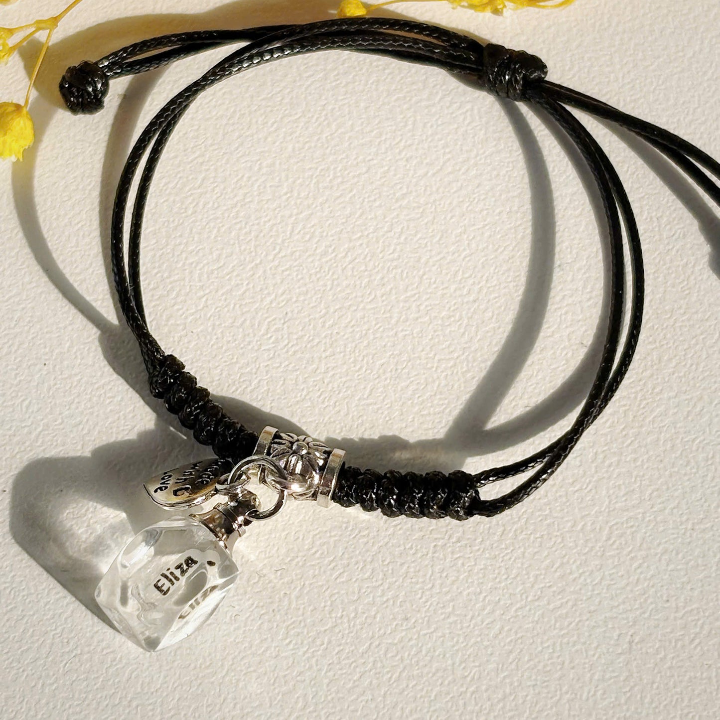 Personalized Name on Rice Bracelet with Long Crystal Vial Charm