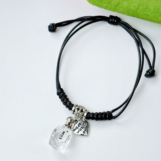 Personalized Name on Rice Bracelet with Long Crystal Vial Charm