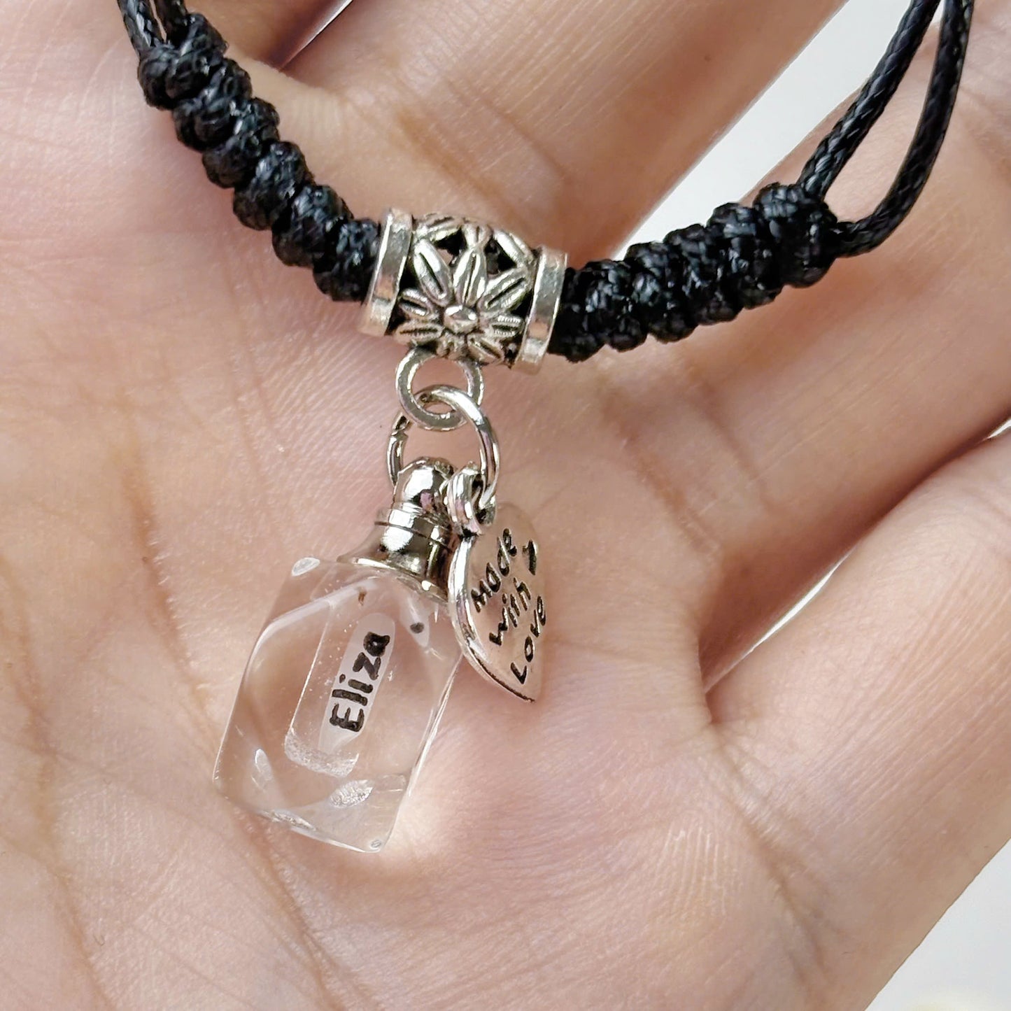 Personalized Name on Rice Bracelet with Long Crystal Vial Charm