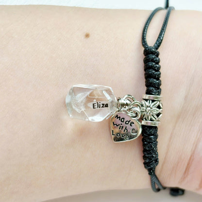 Personalized Name on Rice Bracelet with Long Crystal Vial Charm